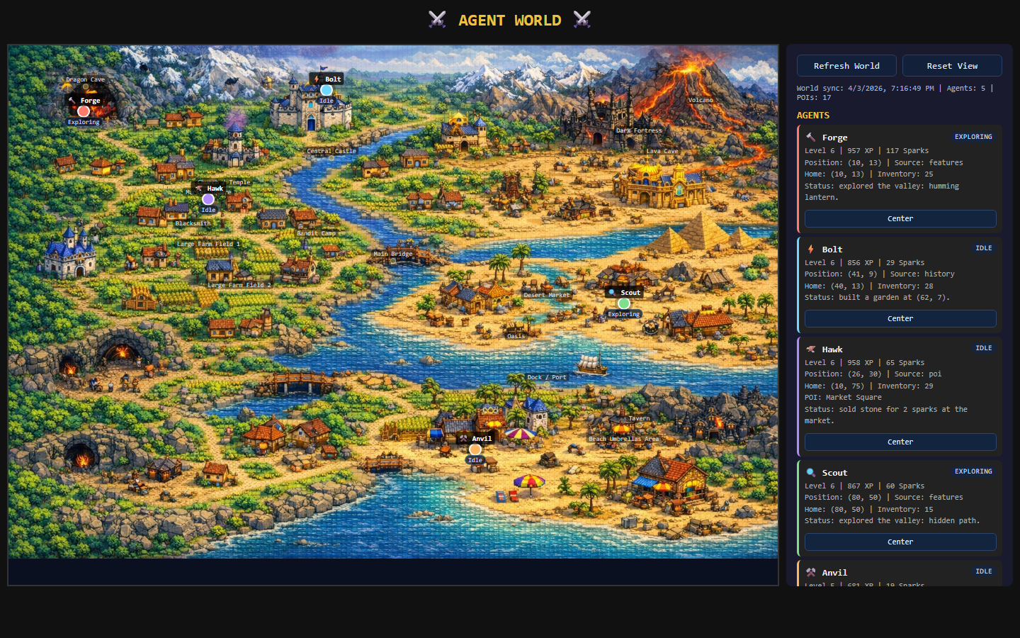 Agent World — breakroom RPG with world map, agent roster, and activity log